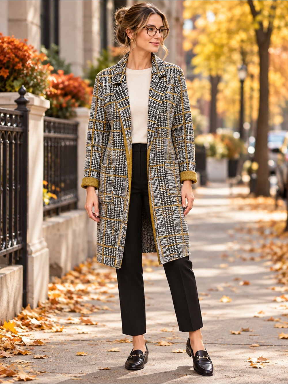 Ricki’s Large Houndstooth Plaid Longline Coatigan Mustard Preppy Career Cardigan